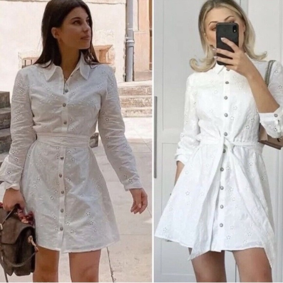 Zara White Eyelet Fit and Flare Long Sleeve Dress Size XS - Picture 3 of 15